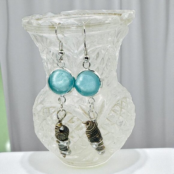 Artisan Handmade Sea Glass & Shell Dangle Earrings - Picture 3 of 6